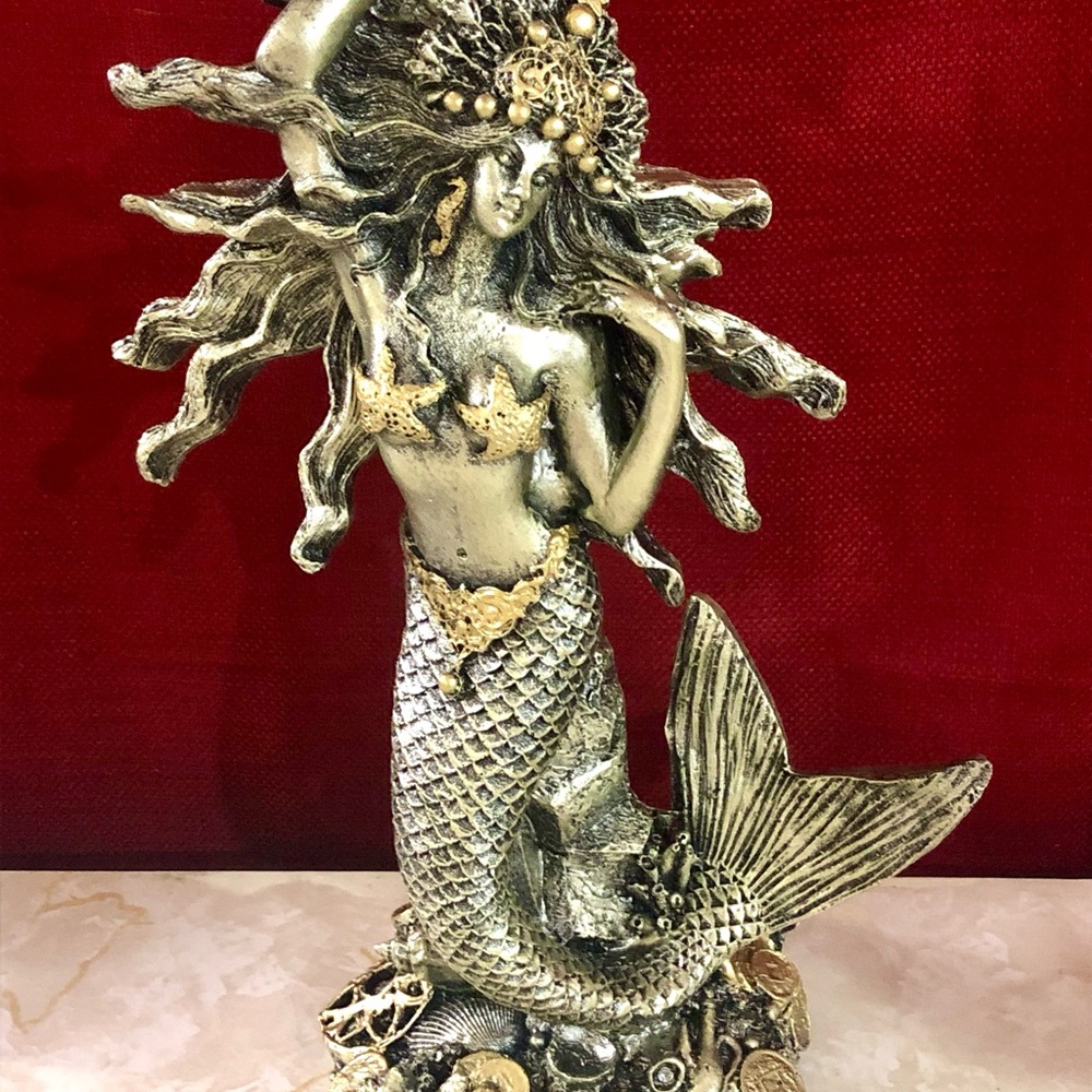 Elegant Silver & Gold Goddess of the Sea Mermaid Sculpture